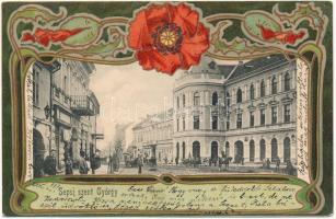 1903 Sepsiszentgyörgy, Sfantu Gheorghe; Kossuth Lajos utca. Szecessziós virágos litho keret / street view. Art Nouveau, floral, litho frame (EK)