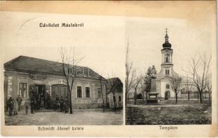 1918 Máslak, Masloc, Blumenthal; Templom, Schmidt József üzlete / church, shop (fl)