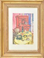 Vöröss Tibor (1911-1999): Enteriőr terített asztallal. Akvarell, papír, jelzett. Dekoratív, üvegezett fakeretben. 28,5×19,5 cm