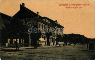 1909 Székelykeresztúr, Kristur, Cristuru Secuiesc (Sacuesc); Kossuth Lajos utca, Korona szálloda. Lengyel László kiadása. 1768. (W.L. ?) / street view, hotel (EK)