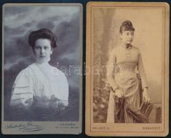 cca 1880-1900 Hölgyportrék, 2 db keményhátú fotó Skalnik kassai és Halász budapesti műterméből, 10,5×6,5 cm