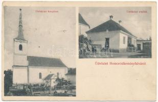 1912 Homoródkeményfalva, Comanesti (Homoródszentmárton, Martinis); Unitárius templom és paplak. Dunky Fivérek cs. és kir. udvari fényképészek kiadása / Unitarian church and parish (kis szakadás / small tear)