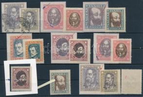 1919 Magyar Tanácsköztársaság 10 db bélyeg nyomási eltérésekkel, érdekességekkel másolatokon jelölve, stecklapon