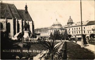 1940 Kolozsvár, Cluj; Mátyás király tér és szobor, Luther üzlete / square and statue, shops. photo + "1940 Kolozsvár visszatért" So. Stpl