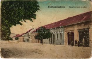 1922 Dicsőszentmárton, Tarnaveni, Diciosanmartin; Erzsébet út, Schwartz Mór üzlete / street, shop (EB)