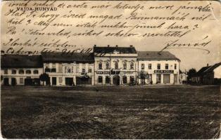 1910 Vajdahunyad, Vajda-Hunyad, Hunedoara; Fő tér, Klein Adolf, Szállasy Antal, Csúts Károly üzlete / main square, shops (EB)