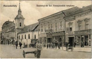 1915 Marosvásárhely, Targu Mures; Széchenyi tér, Szent Ferenc-rendiek temploma, Schwartz Móritz és Társa "Unió" Szállítási vállalat, Holbach Ede, Szekeres Ferenc cipész, Löbl K., Joánovits Testvérek üzlete, Hamburgi kávébehozatal. Porjes S. Sándor kiadása / church, shops, square (r)