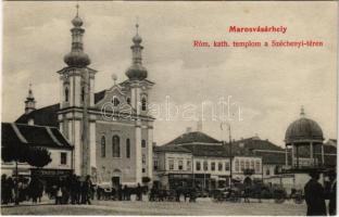 Marosvásárhely, Targu Mures; Római katolikus templom a Széchenyi téren, piac, Schuster Ödön, Lukács János, Petelei János üzlete, gyógyszertár. P.S.S. kiadása / Catholic church, square, market, shops, pharmacy