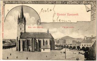 1904 Eperjes, Presov; Római katolikus templom, Fő utca. Divald / church, main street