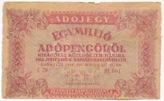 1946. 1.000.000AP Magyar Királyság vízjeles papíron, hátlapon fordított címer, erősen eltolódott hátlapi nyomat (a sorban következő bankjegy alja látszik) T:III- Adamo P53