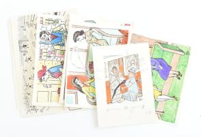 Szegő Gizi (Gis), (1902-1985): Ludas Matyiban megjelent grafikák, karikatúrák vázlatai, 9 db. Vegyes technika, papír, összes jelzett. Mindegyik hátoldalán Ludas Matyi Szerkesztősége vagy Ludas Magazin bélyegzővel. 17x12 és 14x21,5 cm közötti méretekben.