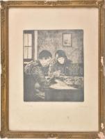 Glatz Oszkár (1872-1958) - Prihoda István (1891-1965): Ebédelők. Rézkarc, papír, jelzett (Glatz Oszkár, Prihoda István), számozott (134/150). Dekoratív, üvegezett, sérült fakeretben, 22×19 cm