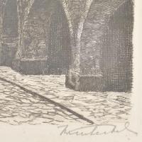 Olvashatatlan jelzéssel: Innsbruck, Herzog-Friedrich-Straße. Rézkarc, papír. Dekoratív, üvegezett fa...