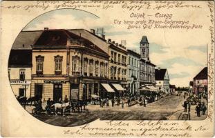 1901 Eszék, Essegg, Osijek; Trg bana grofa Khuen-Hedervary-a / Banus Graf Khuen-Hedervary-Platz / Khuen-Héderváry tér, L. Koharovic üzlete, piac / square, shops, market (EB)