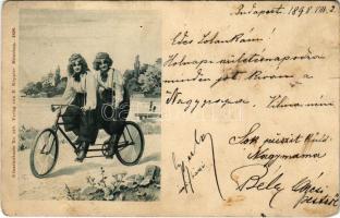 1898 (Vorläufer) Ladies riding a tandem bicycle. Künstlerkarte No. 818. Verlag von E. Keppler (szakadás / tear)