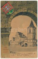 1901 Lőcse, Levoca; Városháza. Latzin János kiadása. Szecessziós címeres litho keret / Rathaus / town hall. Art Nouveau litho frame with coat of arms (szakadás / tear)