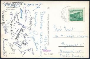 1958 Az MTK bajnok labdarúgócsapatának tagjainak autográf aláírással ellátott képeslapja Galyatetőről. Gellér, Koródi, Bártfai, Lantos, Kovács III, Szimcsák, Csiki, stb / Autograph signed postcard of the Hungarian Champion MTK football team