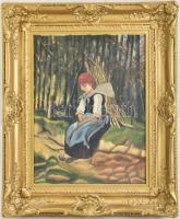 Dekoratív, áttört képkeret, Munkácsy Mihály Rőzsehordó nő c. festménye után készült másolattal (Olaj, vászon), látható méret: 49,5x37,5 cm