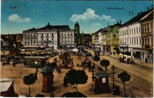 Arad, Szabadság tér, piac, villamos, Unio, LImbeck János és fia üzlete / square, market, shops, tram (EK)