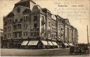 1916 Temesvár, Timisoara; Löffler palota, postahivatal, jelzálog hitelbank, Holzer üzlete, divatház, Rosenthal József üzlete / palace, shops, post office, credit bank