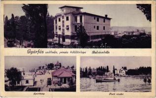 1936 Balatonlelle, Gyárfás szálloda, pensio üdülőtelepe, sporttelep, part csónakkal (Rb)