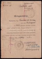 1945 Kitöltött, pecsételt, aláírt engedély arra, hogy Szendrovits Zoltán Kolozsvárra távozzon Budapest felesleges lakóinak vidékre költöztetése során, magyar és orosz nyelven