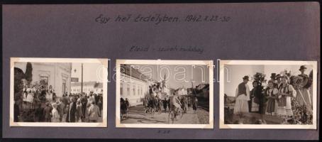 1942 Élesd (Erdély), szüreti mulatság, 3 db kiszedhető fotó kartonon, jó állapotban, feliratozva, 6,5×9 cm