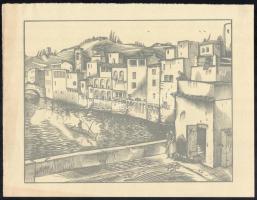 Vadász Endre (1901-1944): Itáliai város folyóval. Fametszet, papír, jelzés nélkül, 20x25,5 cm