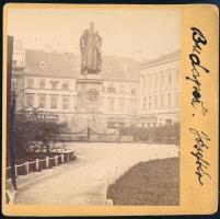 cca 1880 Budapest, a József tér József nádor szobrával, üzletekkel, keményhátú fotó, felirattal, 8,5×9 cm
