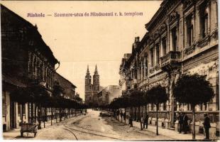 1927 Miskolc, Szemere utca és Mindszenti római katolikus templom. Vasúti levelezőlapárusítás 485. (EK)
