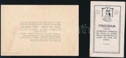 1922 Nagyszeben Líceum tánctanfolyamának programkártyája, román nyelven. + 1921 Esküvői meghívó