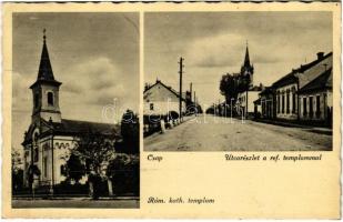 1942 Csap, Cop, Chop; Római katolikus és Református templom, utca / churches, street view
