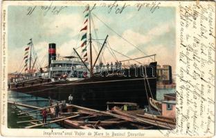 Galati, Galatz; Incarcarea unui Vapor de Mare in Basinul Docurilor / loading GORSEMORE steamship in the basin dock, port (r)