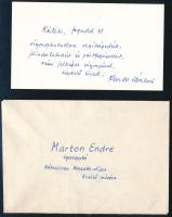 cca 1970 Kende Sándor (1918-1992) író, költő saját kézzel írt és aláírt köszönőlevele névjegykártyáján, borítékjában