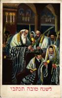 Boldog Újévet! / Hebrew Jewish New Year greeting art postcard with rabbi. L&P 6698/II. Judaica s: F. Kaskeline (EK)