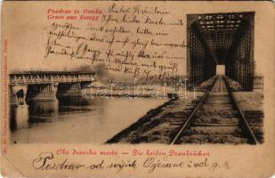 1899 (Vorläufer) Eszék, Essegg, Osijek; Oba dravska mosta / Die beiden Draubrücken / Dráva híd és vasúti híd. Ottokar Rechnitzer kiadása / railway bridge, bridge (EB)