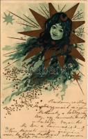 1900 Szecessziós hölgy fej csillagokkal / Art Nouveau lady with stars. litho