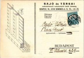 1933 Sajó és Társai szabadalmazott vasbetonépítő betéti társaság reklám, Sajófödém árjegyzék hátoldalon. Budapest, Szent Domonkos u. 16. (EK)