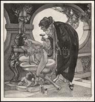 Franz von Bayros (1866-1924): Erotikus jelenet. Heliogravűr, papír, jelzett a nyomaton. 18×18 cm