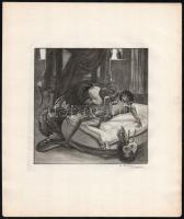 Franz von Bayros (1866-1924): Oh! Du-u-u!! (erotikus jelenet). Heliogravűr, papír, jelzett a nyomaton. 18×18 cm