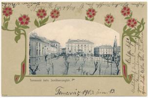 1903 Temesvár, Timisoara; Belváros, Jenő herceg tér, emlékmű. Szecessziós virágos litho keret / square, monument. Art Nouveau, floral, litho frame (EK)