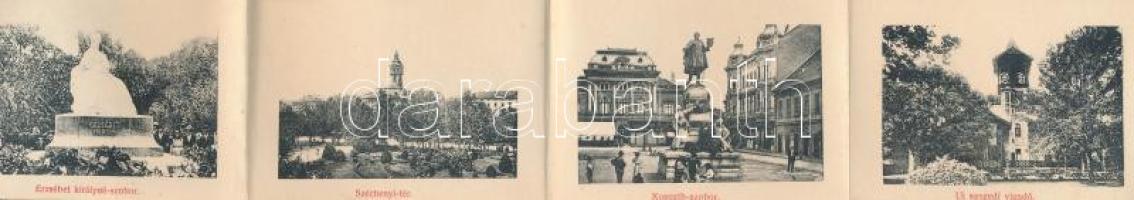 Szeged, Kass kávéház. Leporellolap belül gőzfürdő, Erzsébet királyné (Sissi) szobor, vigadó, vasútál...