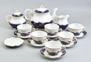 Zsolnay Pompadour mintás porcelán teás készlet, kézzel festett, jelzett, kopásnyomokkal