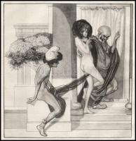 Franz von Bayros (1866-1924): Erotikus jelenet. Heliogravűr, papír, jelzett a nyomaton. 18×18 cm