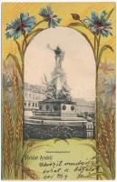 1901 Arad, Szabadság szobor, Löwy Herman üzlete. Szecessziós virágos litho keret / monument, shops. Art Nouveau, floral, litho frame (EK)