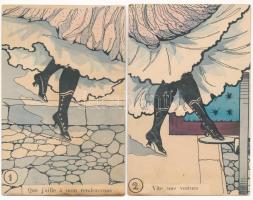 2 db régi hosszú címzéses francia művész képeslap hölgy lábakkal / 2 pre-1900 French art postcards with ladys legs