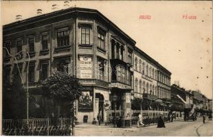 1921 Arad, Fő utca, Első Magyar Általános Biztosító Társaság Főügynöksége, Millennium sörcsarnok és étterem, hirdetőoszlop, autóbusz. Bickel József kiadása / main street, insurance company, restaurant and beer hall, advertising column, autobus (fl)