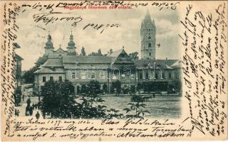 1899 (Vorläufer) Nagybánya, Baia Mare; Fő tér déli oldala, templom, Pusztay, Klein és Wienerberger és Glavitzky üzlete, gyógyszertár / main square, church, shops, pharmacy (EK)