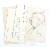 Kézdi-Kovács László (1864-1942) festőművész, műkritikus névjegykártyája, a hátoldalán ceruzás rajzzal, valamint Barkász Lajos (1884-1960) festőművész, Hosszu Márton (1894-1953) festőművész, Hubay Jenő (1858-1937) zeneszerző, Jajczay János (1892-1976) művészettörténész névjegykártyái, négy névjegykártyán autográf sorokkal, bejegyzésekkel. + Sárdy Brutus (1892-1970) festőművész, restaurátor részére szóló újévi üdvözlő kártya.