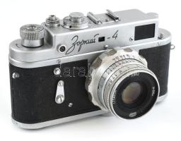 Zorki-4 szovjet fényképezőgép, Jupiter-8 f 1:2 50 mm objektívvel, eredeti, kissé dohos bőr tokjában ...